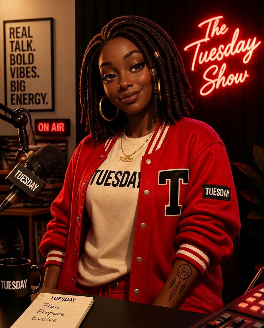 Tuesday, host of The Frequency, in her red varsity street-style look on the 222uesday set
